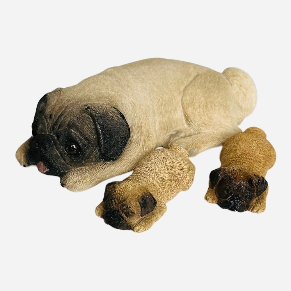 Dog Mate Momma Dog & Sleeping Puppies Figurine Sandcast Brown Black Pug Set VG - Picture 5 of 8